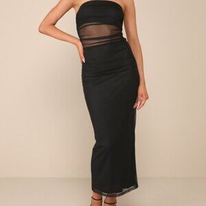 Lulus Utterly Attractive Black Mesh Ruched Strapless Midi Dress - Size M